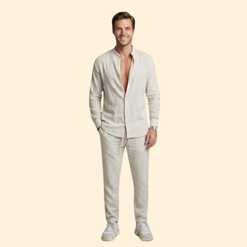 Men’s Button-Down Set with V-Neck Collar