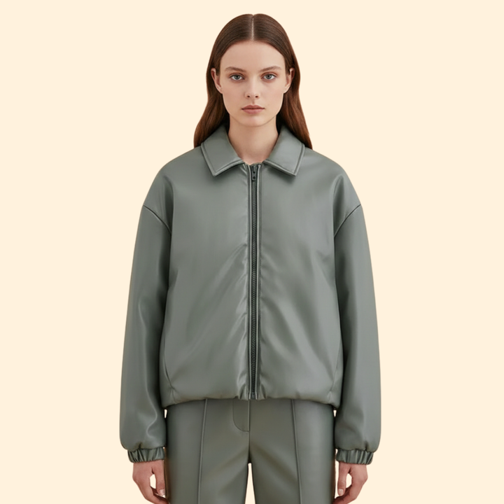 Women’s Bomber Jacket with Front Zipper and Collar