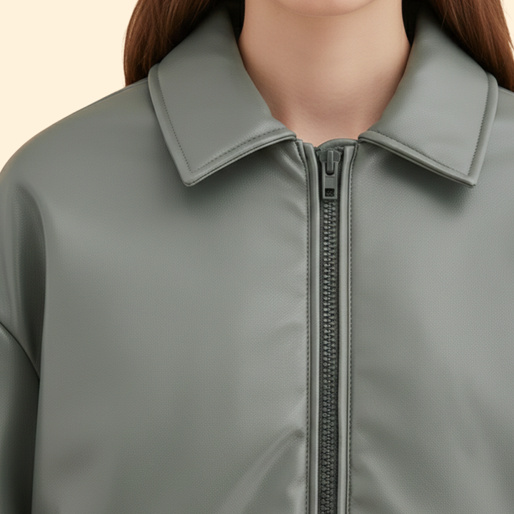 Women’s Bomber Jacket with Front Zipper and Collar