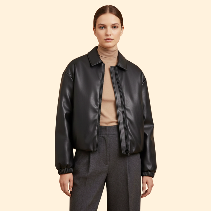 Women’s Bomber Jacket with Front Zipper and Collar