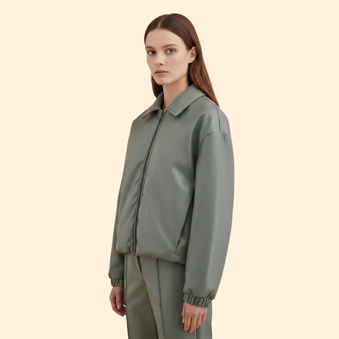 Women’s Bomber Jacket with Front Zipper and Collar