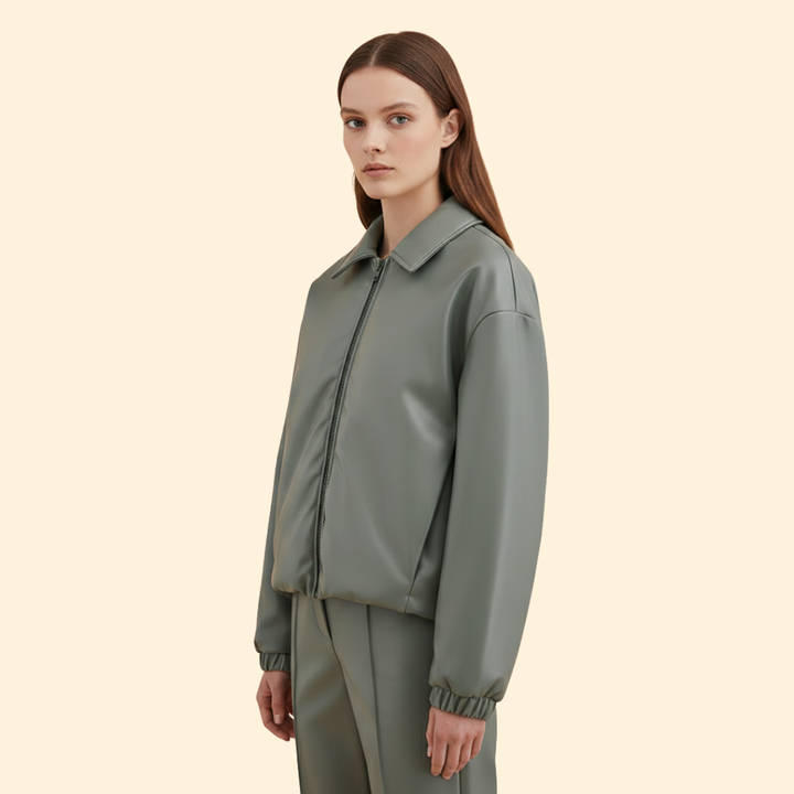 Women’s Bomber Jacket with Front Zipper and Collar