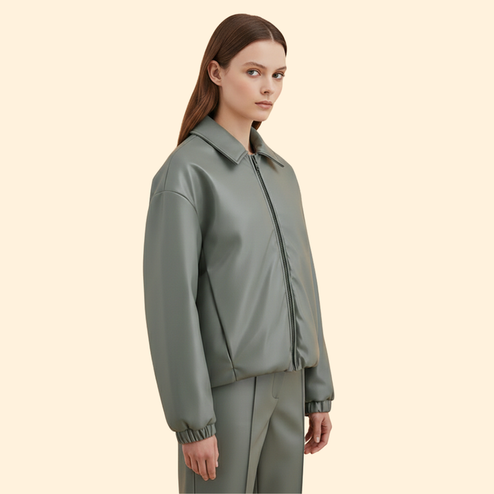 Women’s Bomber Jacket with Front Zipper and Collar