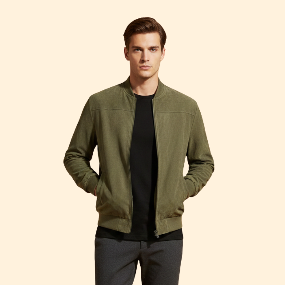 Men’s Suede Bomber Jacket with Ribbed Cuffs
