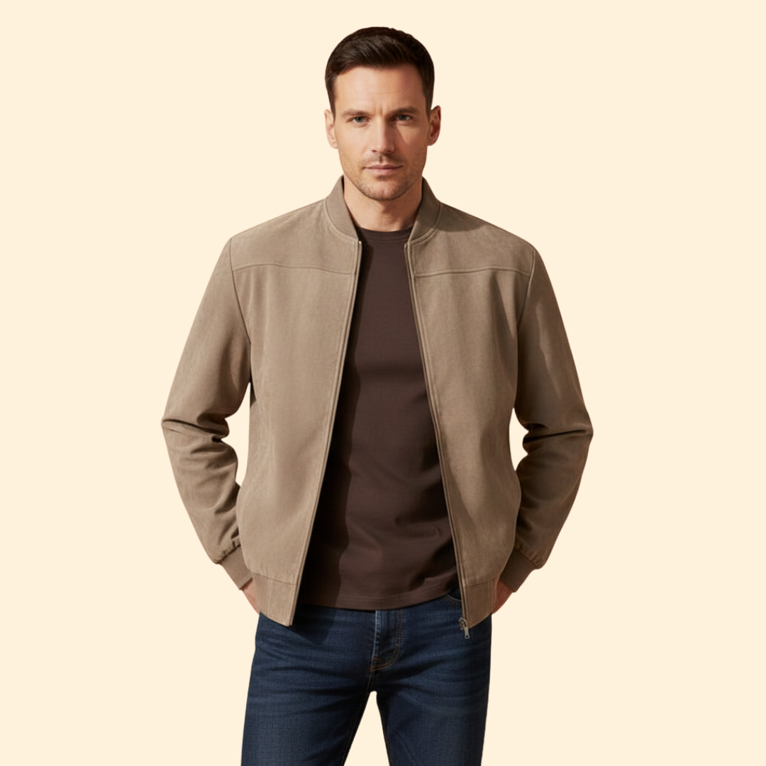 Men’s Suede Bomber Jacket with Ribbed Cuffs