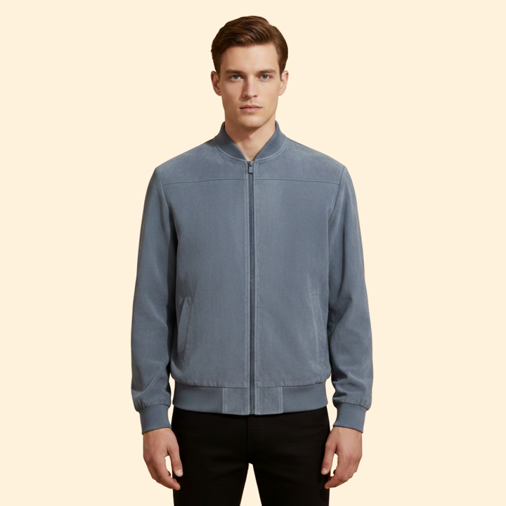 Men’s Suede Bomber Jacket with Ribbed Cuffs