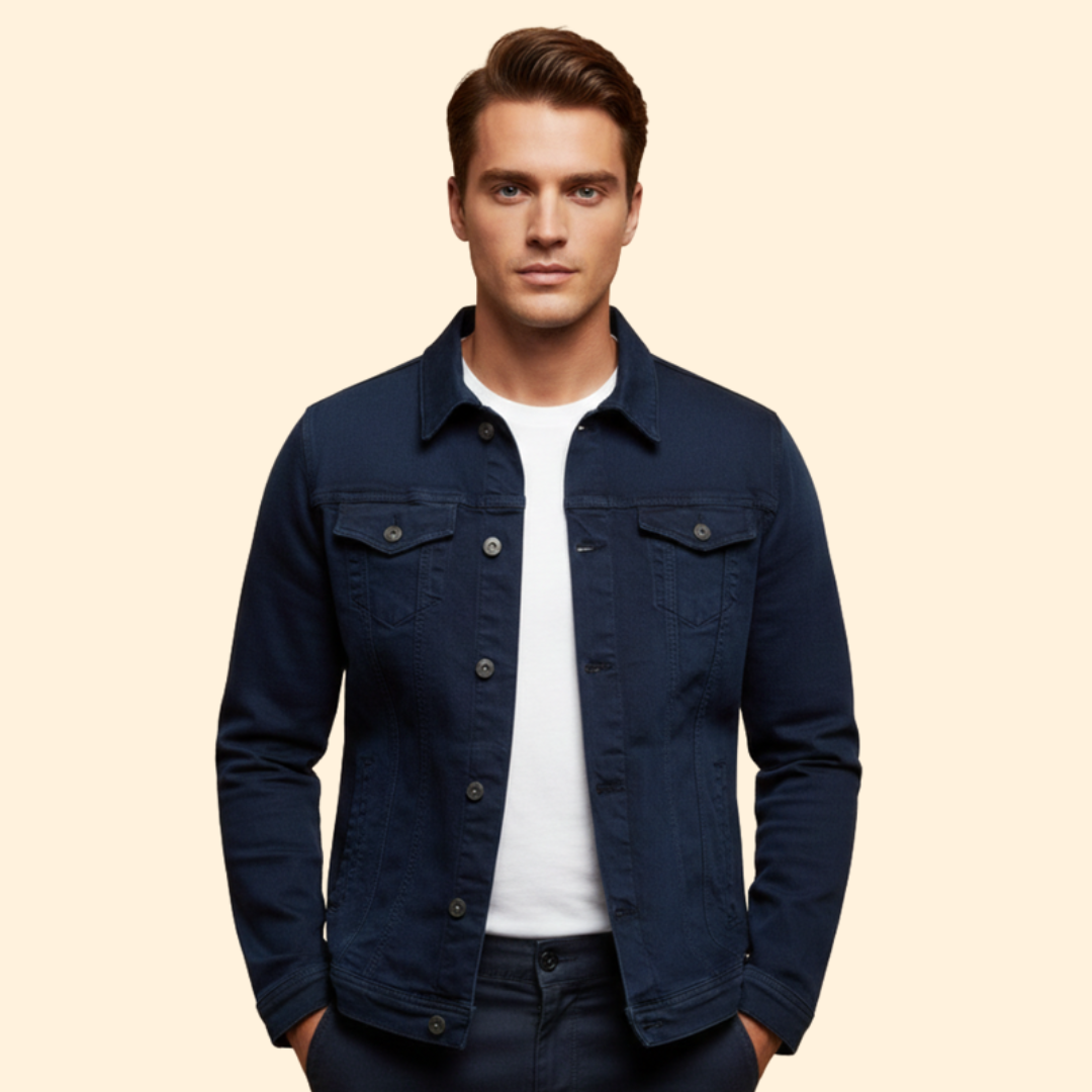 Men’s Denim Bomber Jacket with Chest Pockets