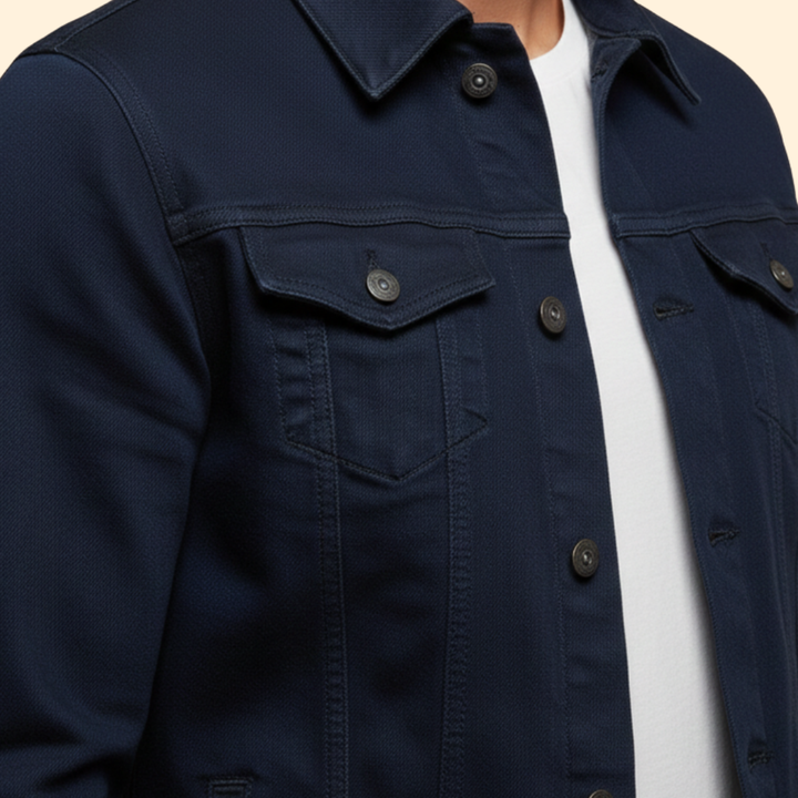 Men’s Denim Bomber Jacket with Chest Pockets