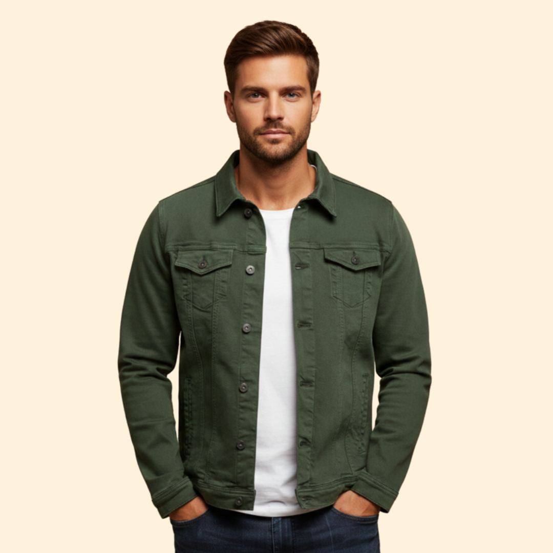Men’s Denim Bomber Jacket with Chest Pockets