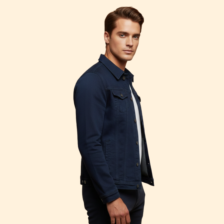 Men’s Denim Bomber Jacket with Chest Pockets