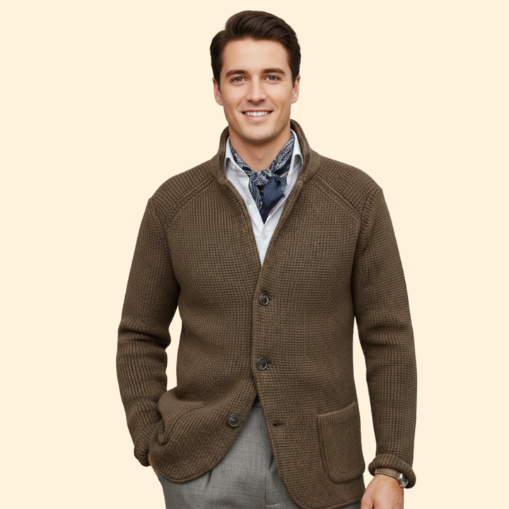 Men’s Knit High Neck Cardigan with Buttons