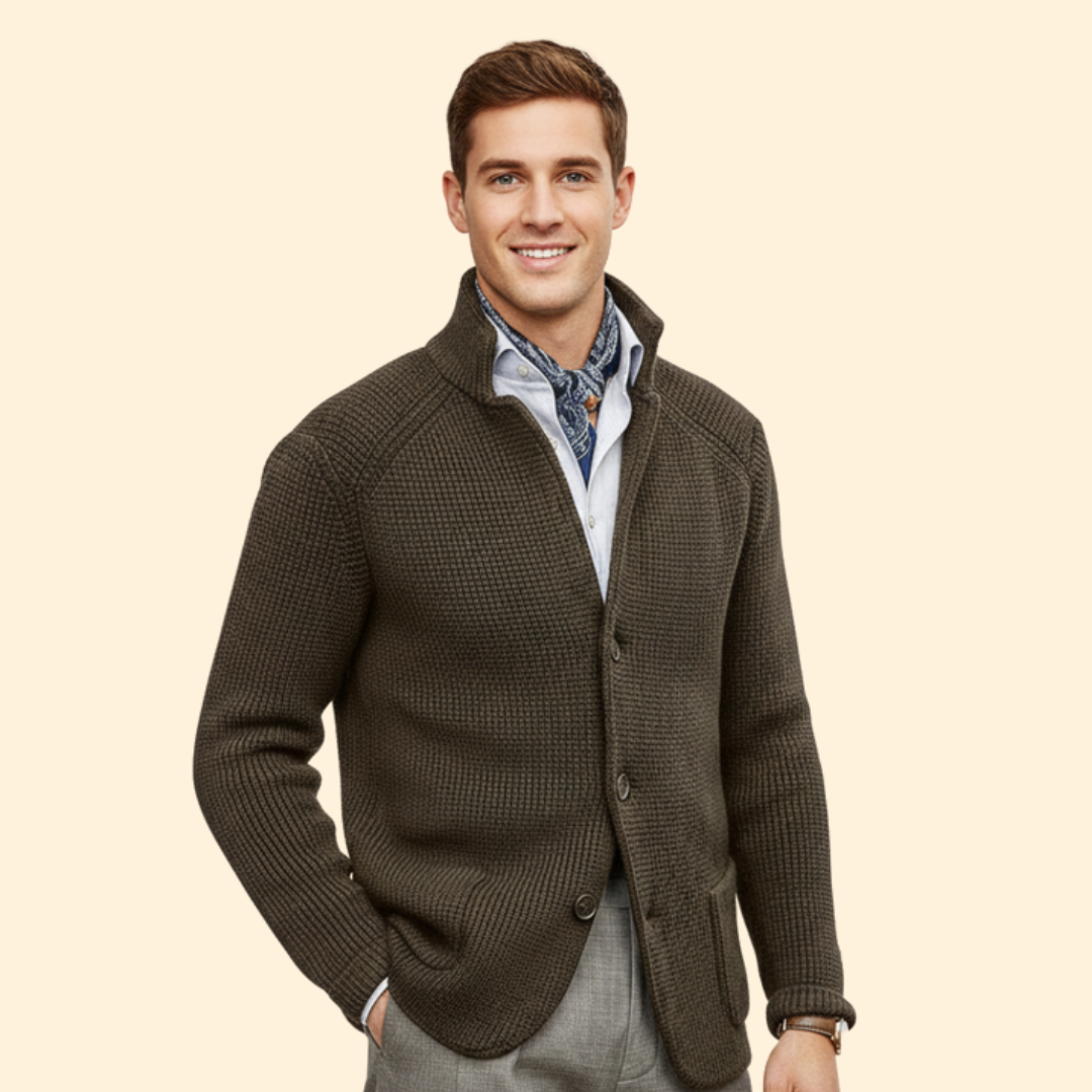 Men’s Knit High Neck Cardigan with Buttons