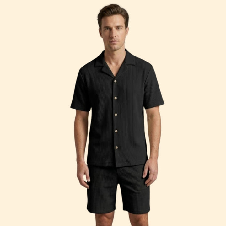 Men’s Striped Shirt and Shorts Set with Buttons