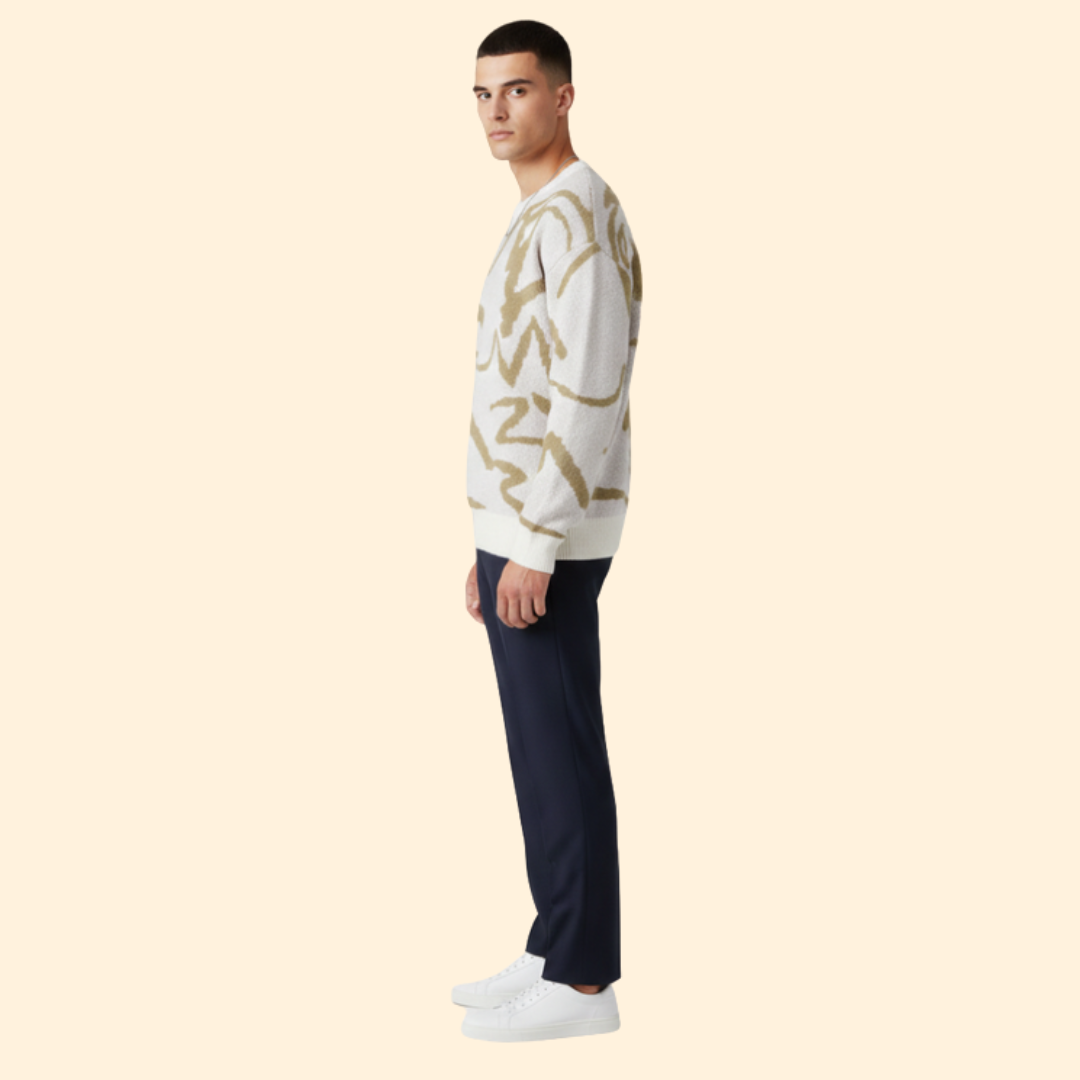 Men’s Sweater with Abstract Print and Ribbed Trim