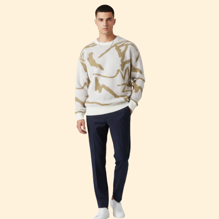 Men’s Sweater with Abstract Print and Ribbed Trim