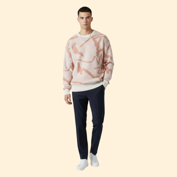 Men’s Sweater with Abstract Print and Ribbed Trim