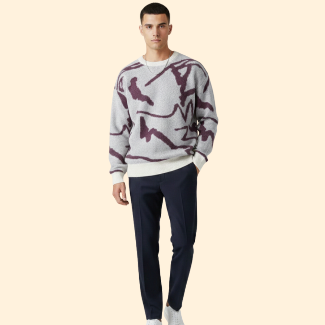 Men’s Sweater with Abstract Print and Ribbed Trim