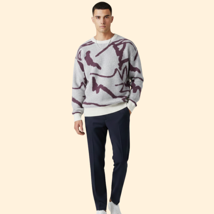 Men’s Sweater with Abstract Print and Ribbed Trim