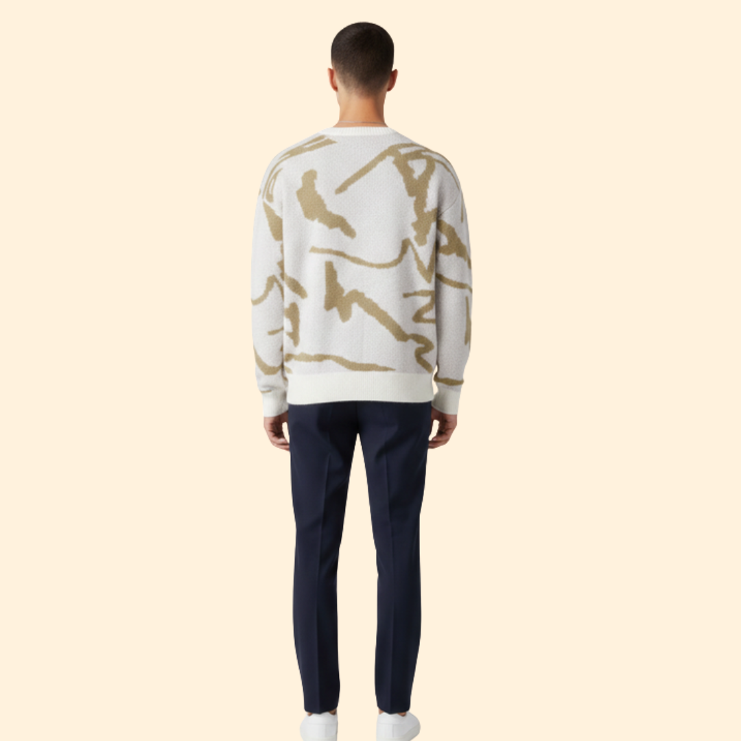 Men’s Sweater with Abstract Print and Ribbed Trim