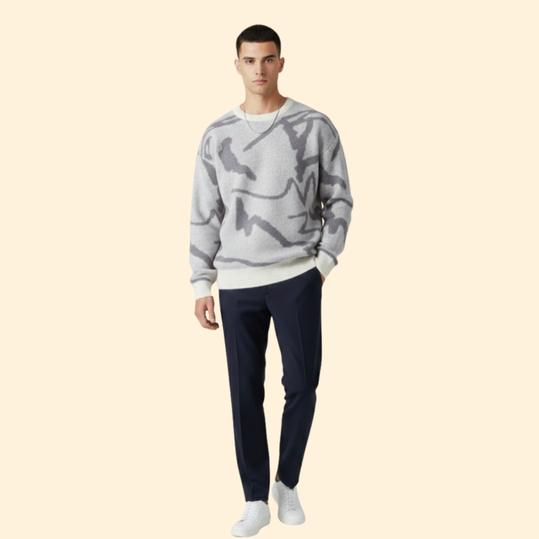 Men’s Sweater with Abstract Print and Ribbed Trim