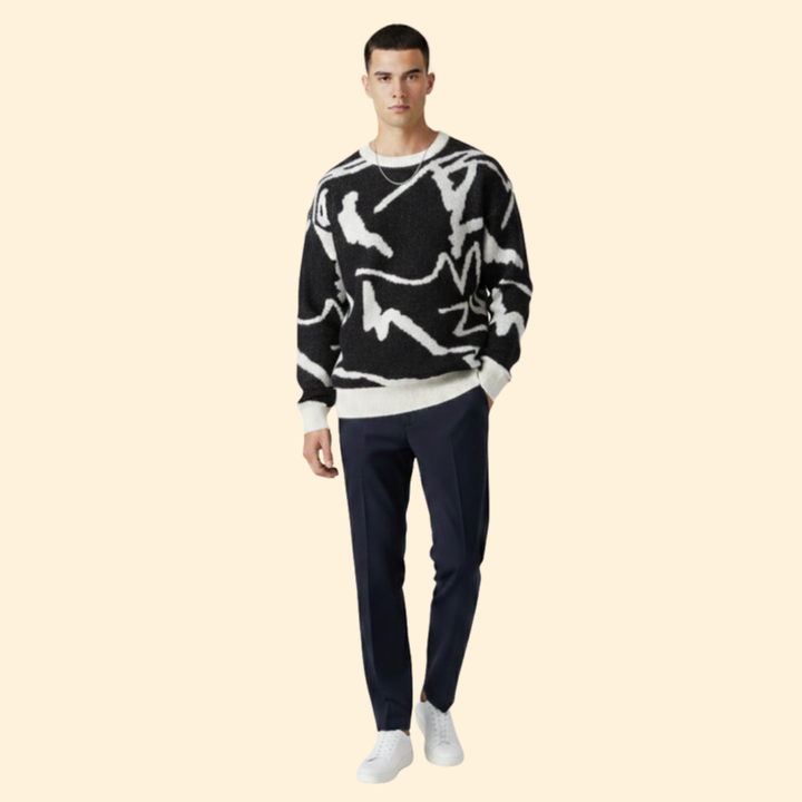 Men’s Sweater with Abstract Print and Ribbed Trim