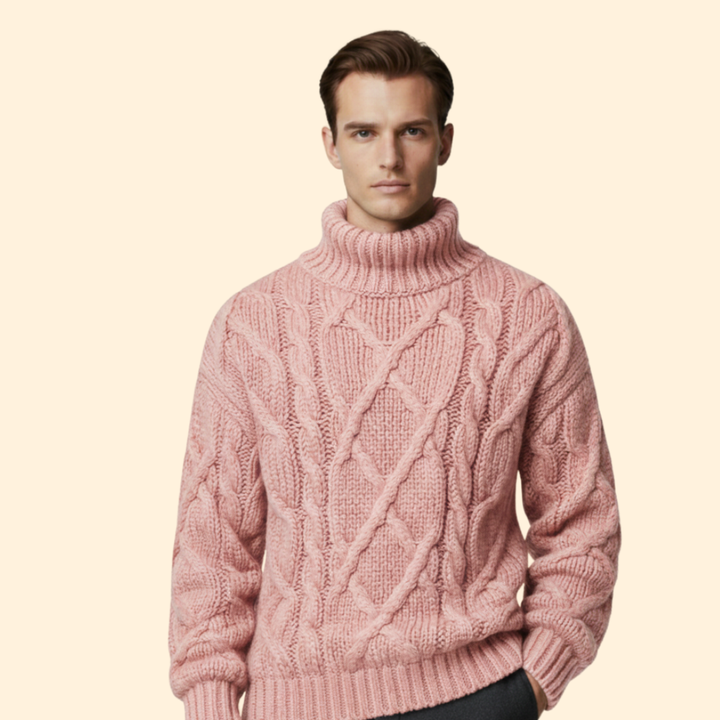 Men’s Turtleneck Sweater with Cable Knit Pattern
