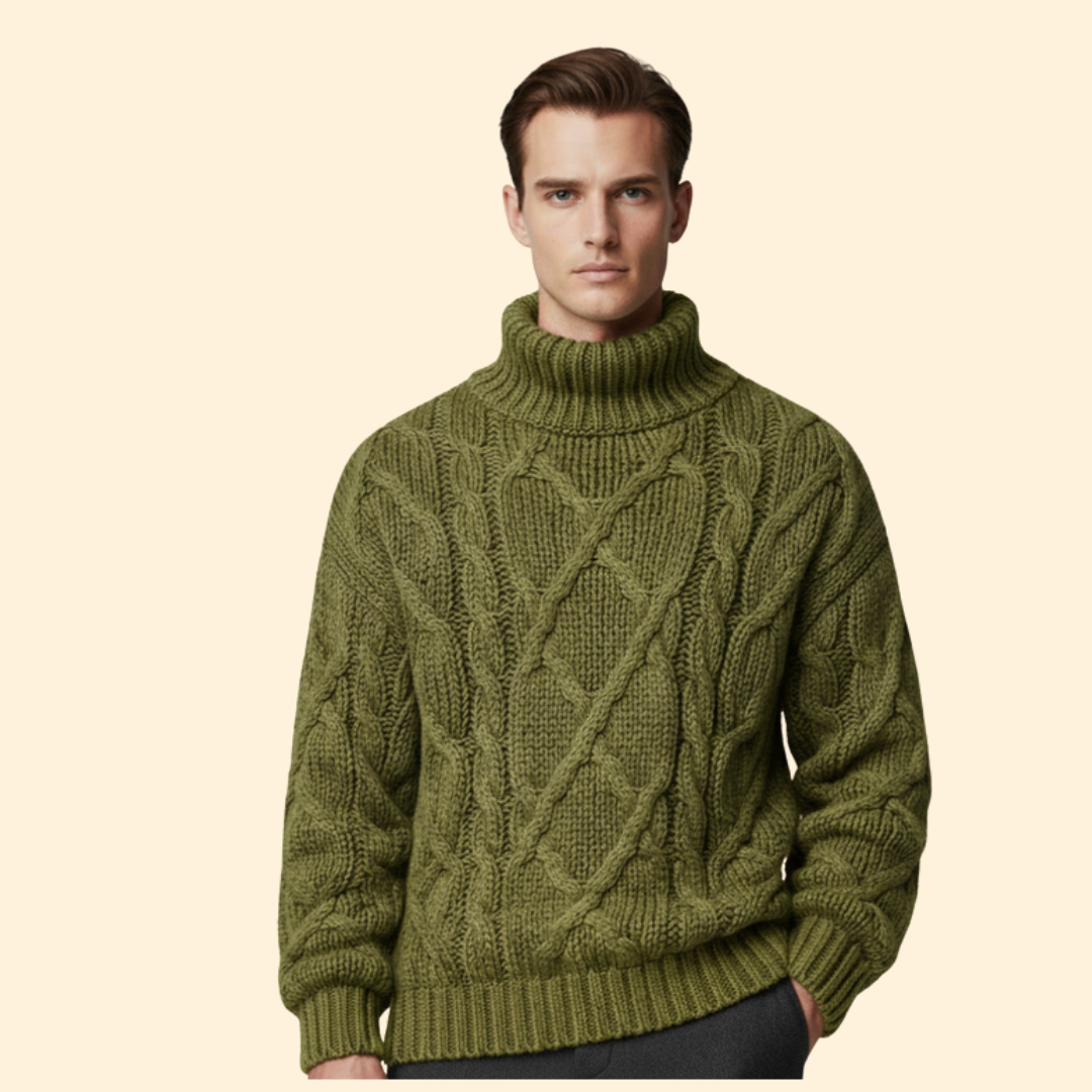 Men’s Turtleneck Sweater with Cable Knit Pattern