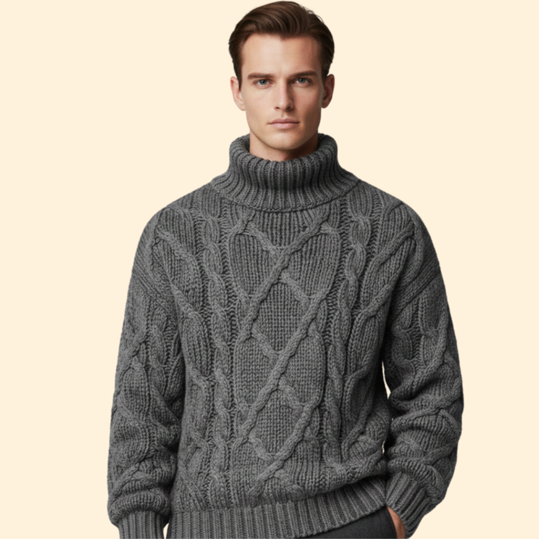 Men’s Turtleneck Sweater with Cable Knit Pattern