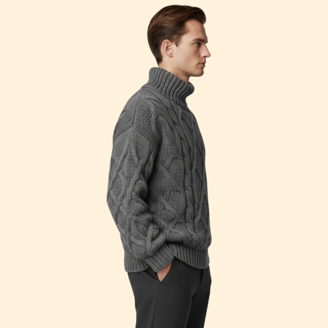 Men’s Turtleneck Sweater with Cable Knit Pattern