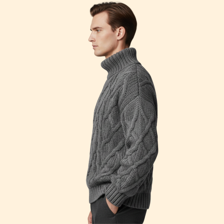 Men’s Turtleneck Sweater with Cable Knit Pattern