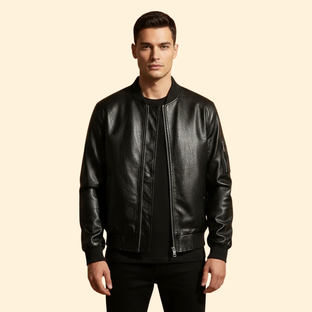 Men’s Vegan Bomber Jacket with Ribbed Hem Design