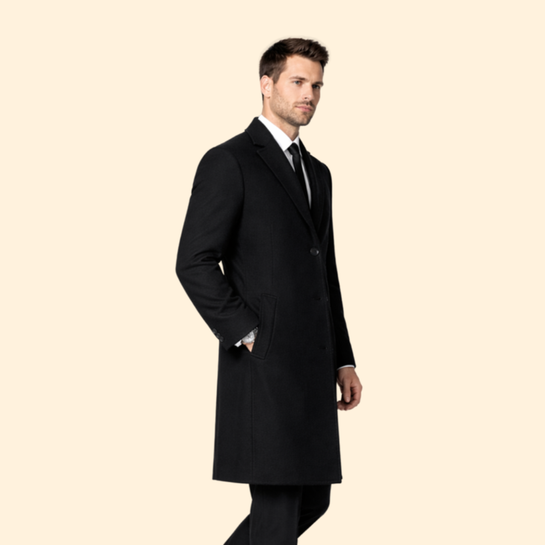 Men’s Long Wool Coat with Button Closure