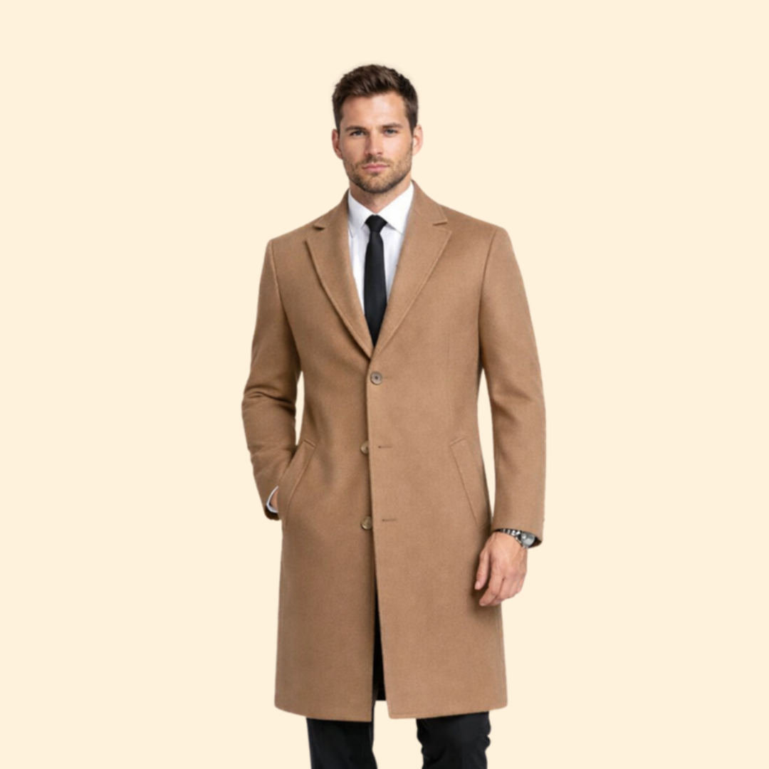 Men’s Long Wool Coat with Button Closure