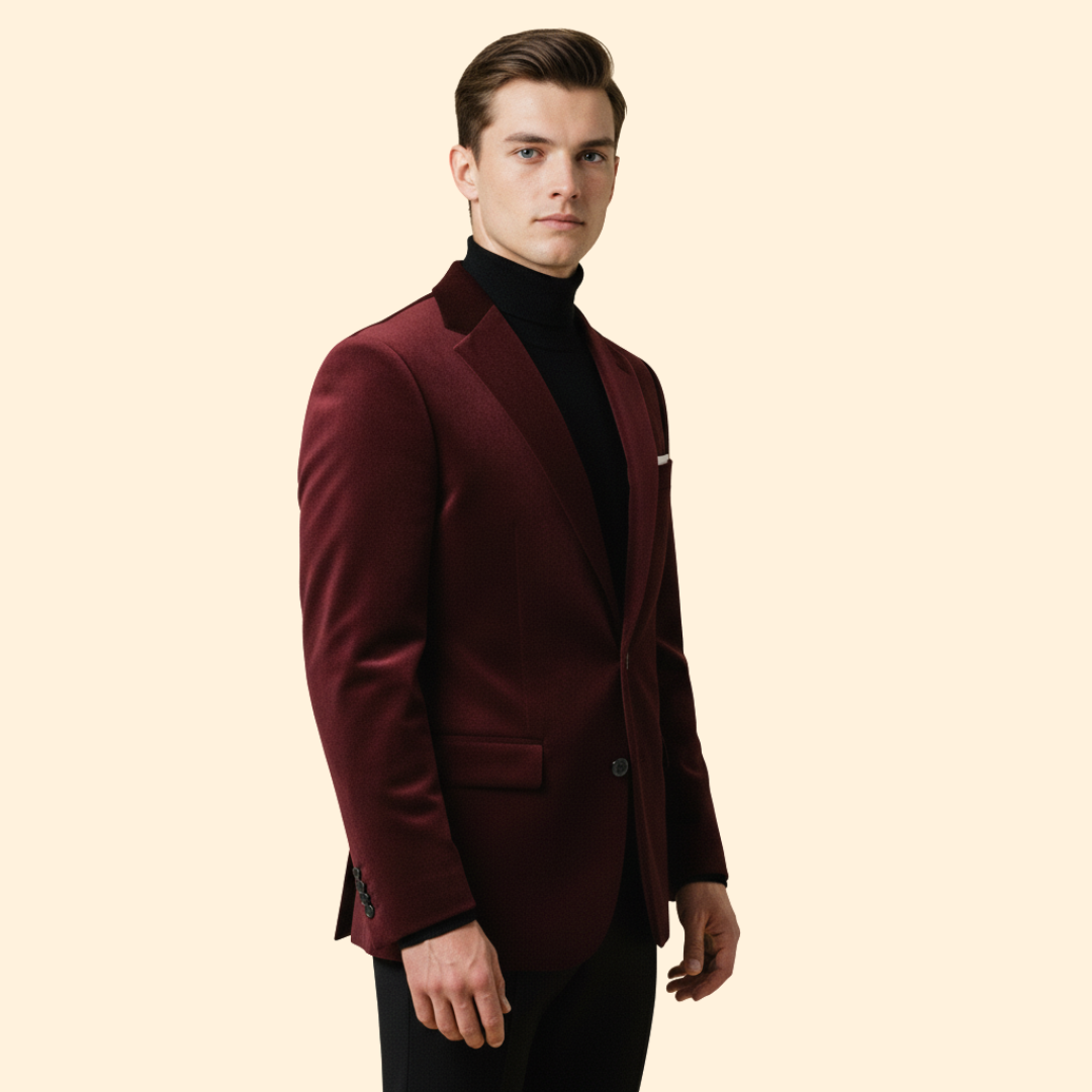Men’s Velvet Blazer with Single Button Closure