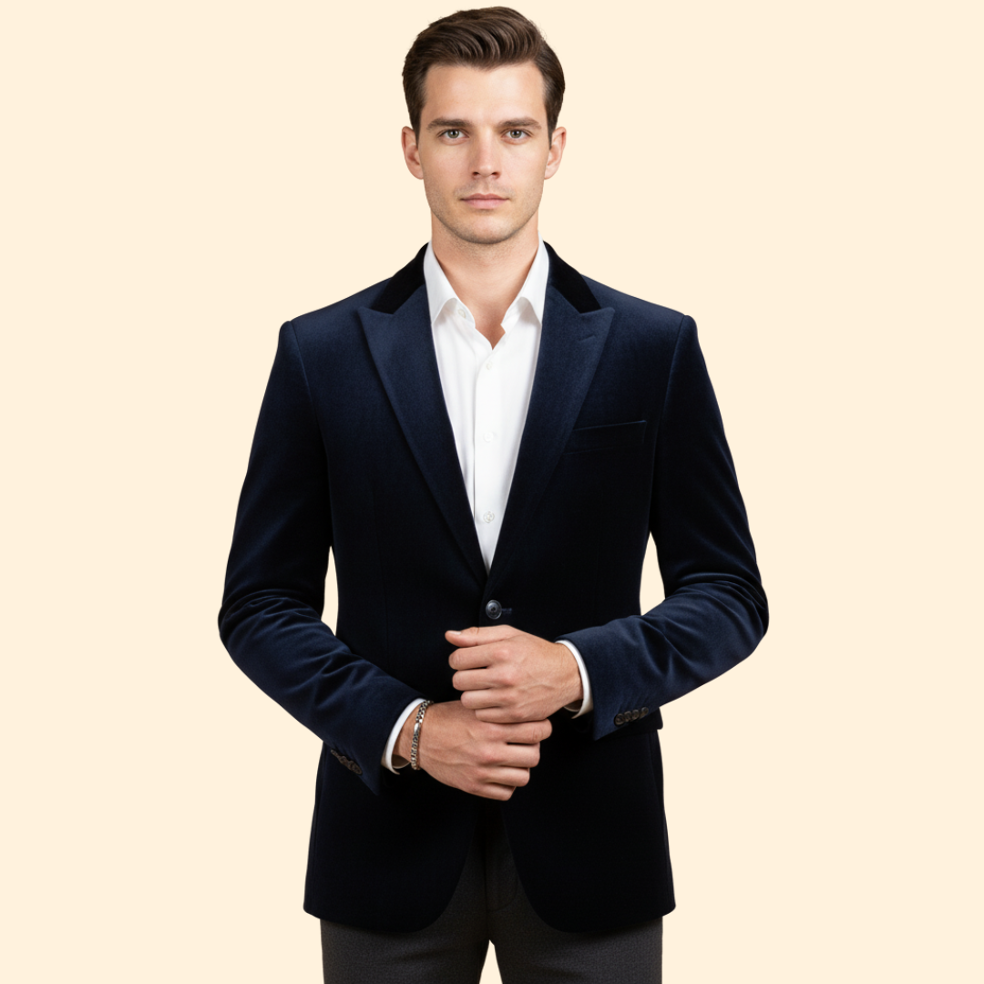 Men’s Velvet Blazer with Single Button Closure