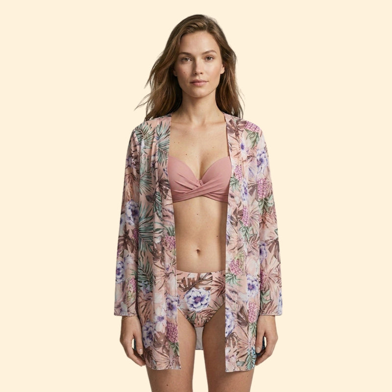 Women’s Bikini Set with Floral Kimono Cover-Up