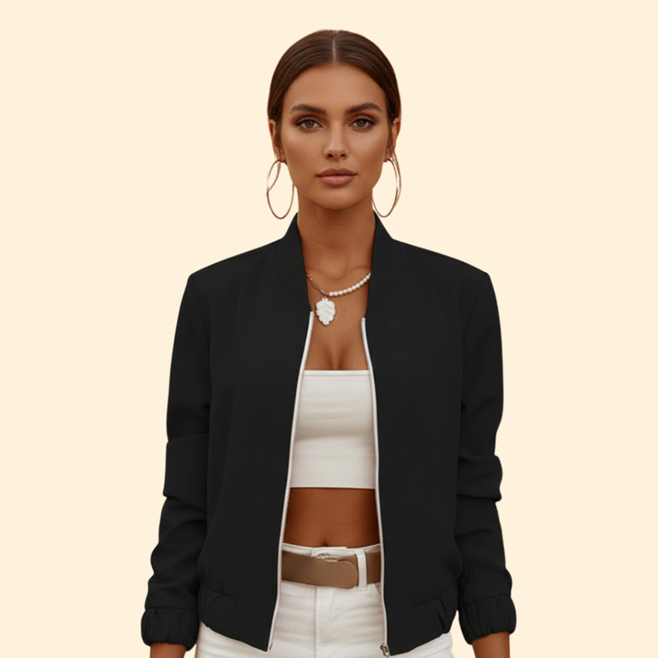 Women’s Short Bomber Jacket with Gathered Hem Design