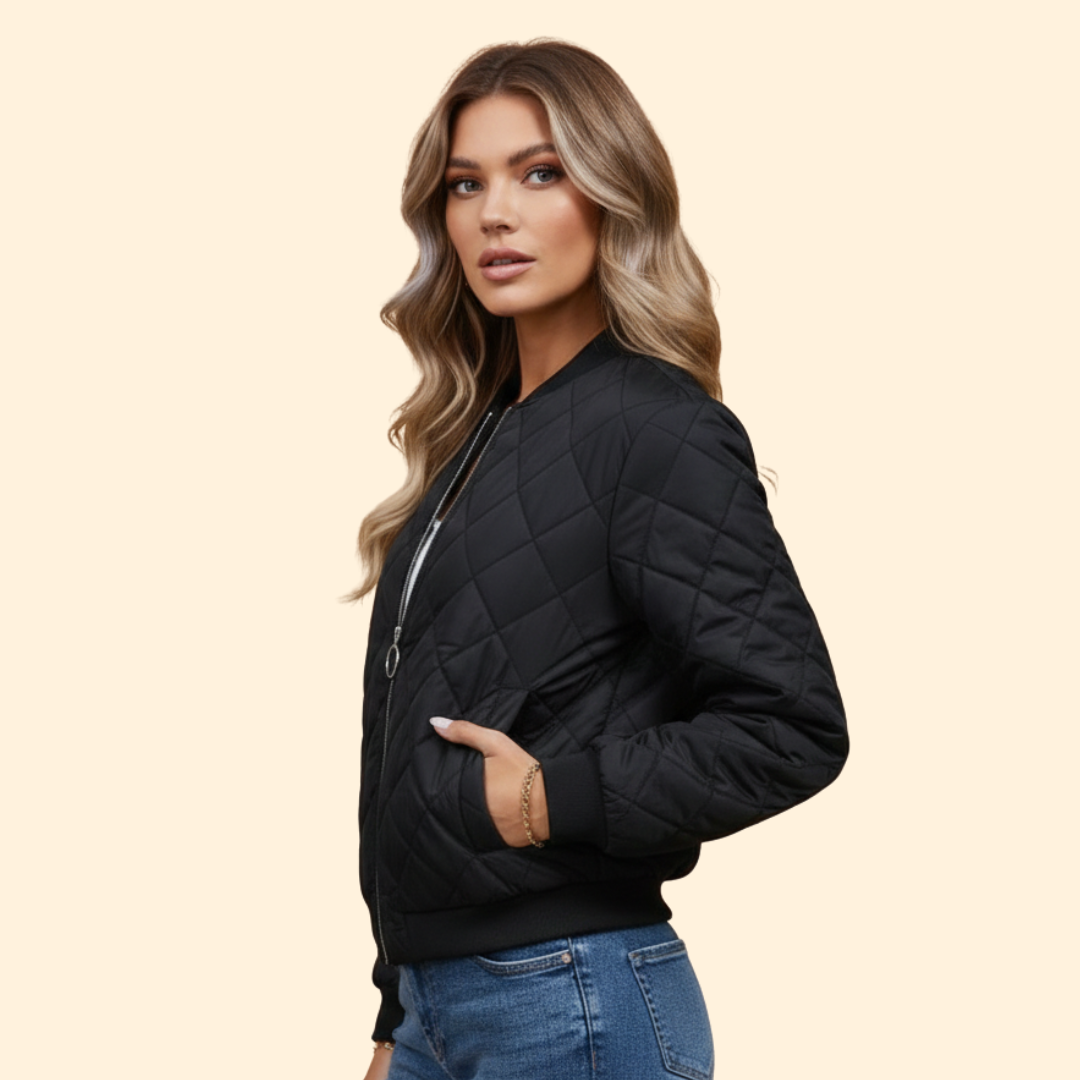 Women’s Quilted Bomber Jacket with Diamond Stitch Design