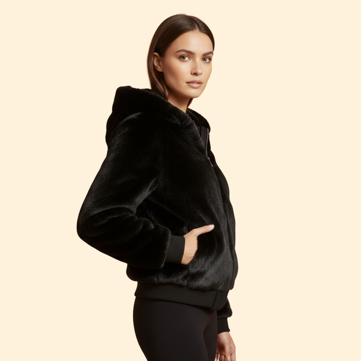 Women’s Faux Fur Bomber Jacket with Ribbed Trim