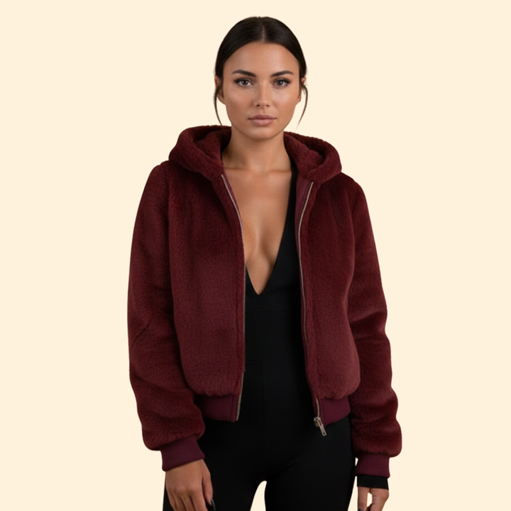 Women’s Faux Fur Bomber Jacket with Ribbed Trim