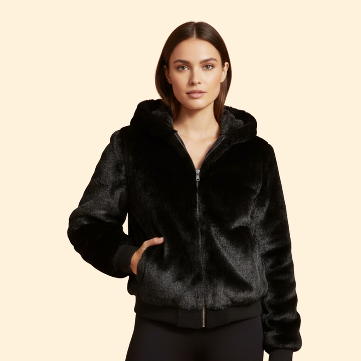 Women’s Faux Fur Bomber Jacket with Ribbed Trim