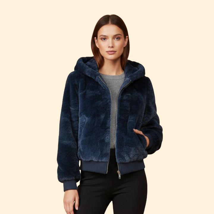 Women’s Faux Fur Bomber Jacket with Ribbed Trim