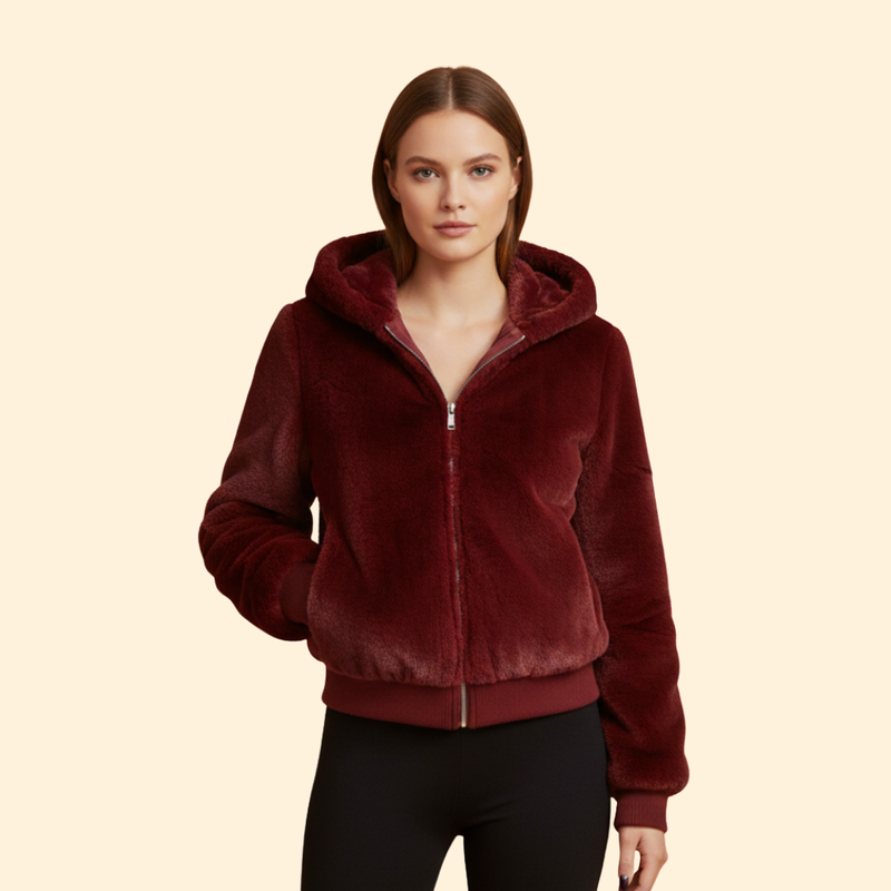 Women’s Faux Fur Bomber Jacket with Ribbed Trim