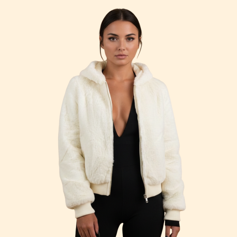 Women’s Faux Fur Bomber Jacket with Ribbed Trim