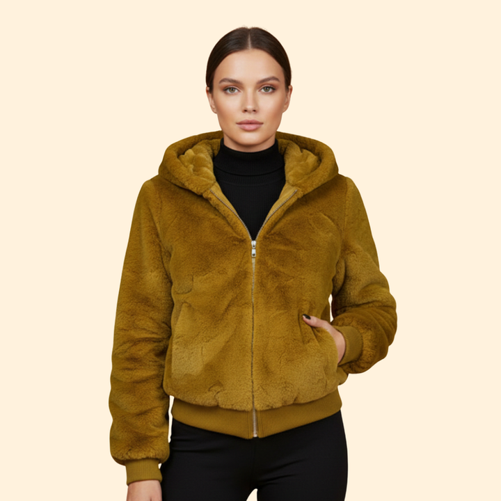 Women’s Faux Fur Bomber Jacket with Ribbed Trim
