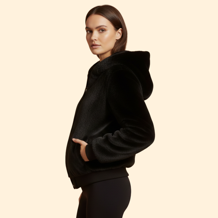 Women’s Faux Fur Bomber Jacket with Ribbed Trim