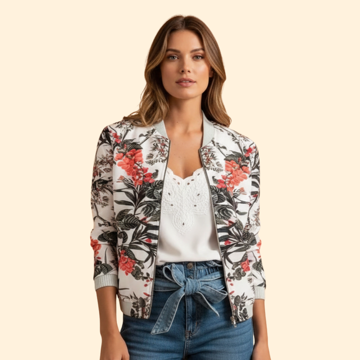 Women’s Floral Bomber Jacket with Front Pockets