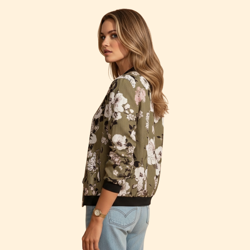 Women’s Floral Bomber Jacket with Front Pockets