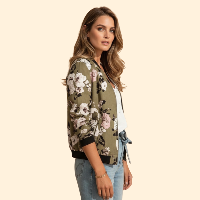 Women’s Floral Bomber Jacket with Front Pockets