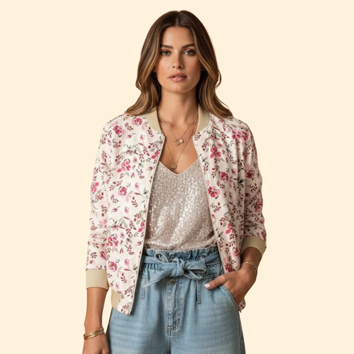 Women’s Floral Bomber Jacket with Front Pockets